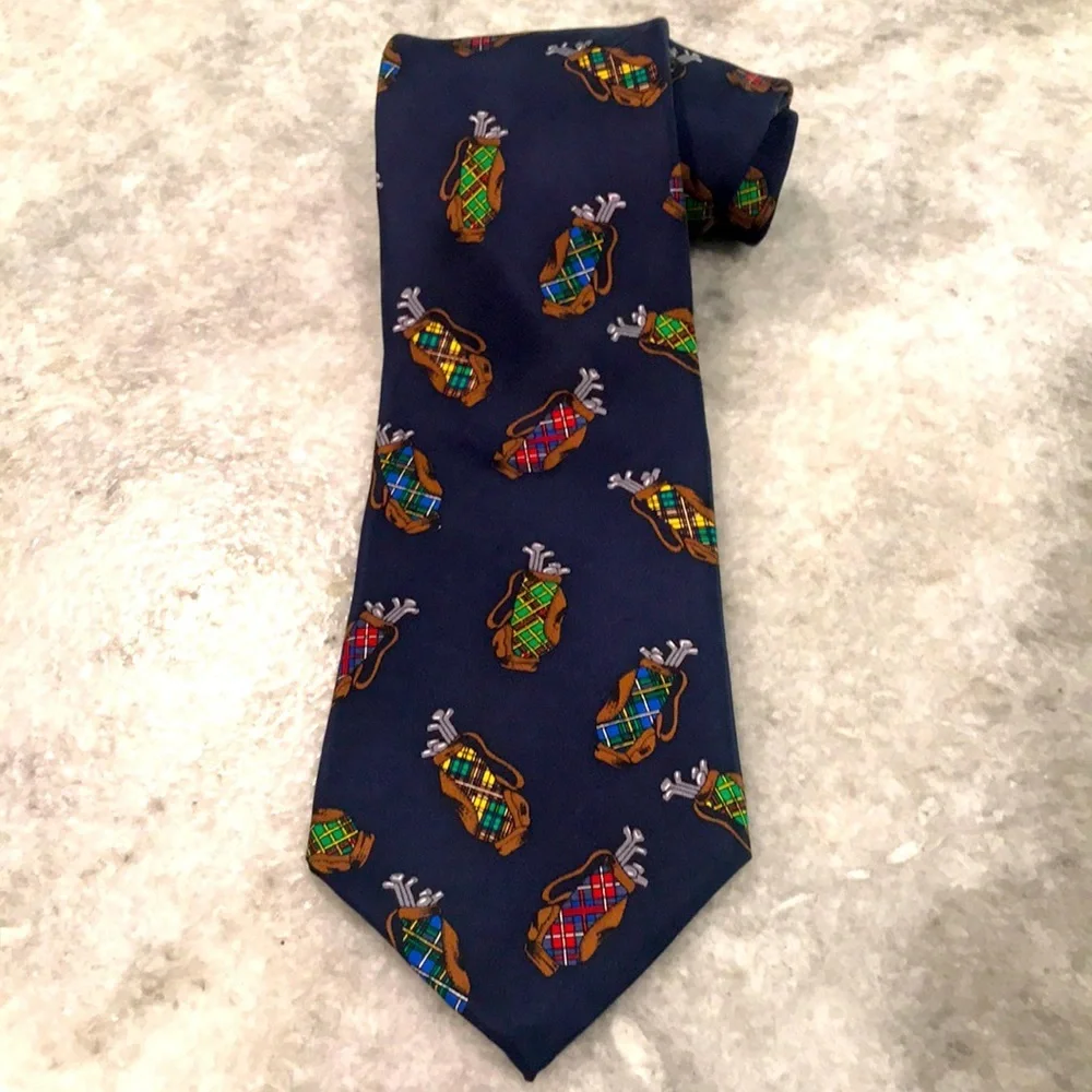 Alynn Silk Tartan‎ Bags Tie Mens Navy Blue Golf Motif Designer Necktie